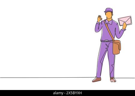 Continuous one line drawing postman standing in a hat, sling bag, uniform, holding envelope, and with gesture okay delivering mail to home address. Si Stock Vector
