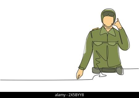 Single continuous line drawing soldier with goggle, full uniform, call me gesture is ready to defend the country on battlefield against enemy. Dynamic Stock Vector