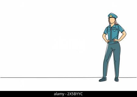 Continuous one line drawing of young beautiful female police on uniform standing with hands on hip. Professional job profession minimalist concept. Si Stock Vector