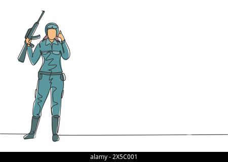 Continuous one line drawing female Soldier stands with weapon, uniform, and call me gesture serving the country with strength of military forces. Sing Stock Vector