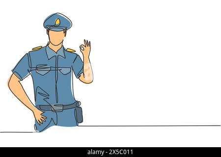 Single continuous line drawing policeman with gesture okay and full uniform is ready to enforce traffic discipline on highway. Standby patrol. Dynamic Stock Vector