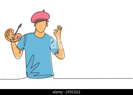 Single continuous line drawing artist painter with gesture okay using painting tools such as brushes, canvas, and watercolors in producing art. Dynami Stock Vector