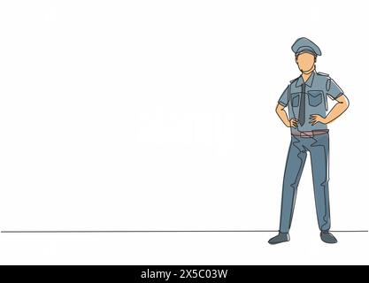 Single continuous line drawing of young male captain pilot wearing uniform and pose standing. Professional work job occupation. Minimalism concept one Stock Vector