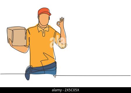 Single continuous line drawing delivery man with gesture okay, carrying the package box to be delivered to customers with the best service. Dynamic on Stock Vector