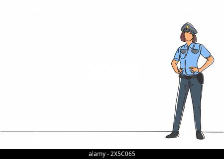 Continuous one line drawing of young beauty police woman on uniform standing with hands on hip. Professional job profession minimalist concept. Single Stock Vector