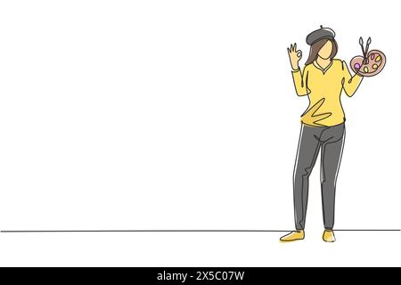 Single continuous line drawing female painter stands with gesture okay using hat and painting tools to produce artwork in his workshop studio. Dynamic Stock Vector