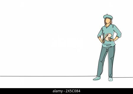 Single continuous line drawing of young female painter artist standing and holding hands on hip. Professional work job occupation. Minimalism concept Stock Vector