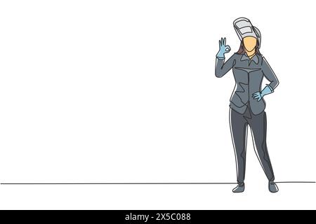 Single one line drawing female welder stands with gesture okay and face shield is removed ready to work in his iron workshop. Success business. Contin Stock Vector