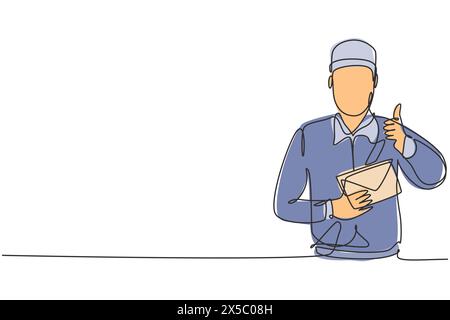 Single one line drawing of postman wearing a hat and uniform with a thumbs-up gesture holds the envelope to work for delivery to homes. Modern continu Stock Vector