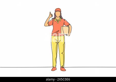 Single continuous line drawing delivery lady stands with thumbs-up gesture, carrying package box that the customer has ordered to be delivered safely. Stock Vector