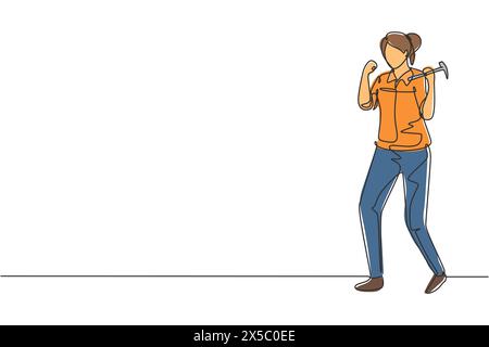 Continuous one line drawing female carpenter standing with celebrate gesture works for wood industry and must be skilled at using carpentry tools. Sin Stock Vector