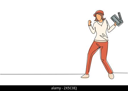 Single one line drawing female film director stands with celebrate gesture holding clapperboard and prepare camera crew for shooting at studio. Contin Stock Vector