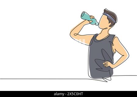 Single continuous line drawing young man drinking fresh water from a bottle with his right hand after exercising. Healthy lifestyles concept. Dynamic Stock Vector