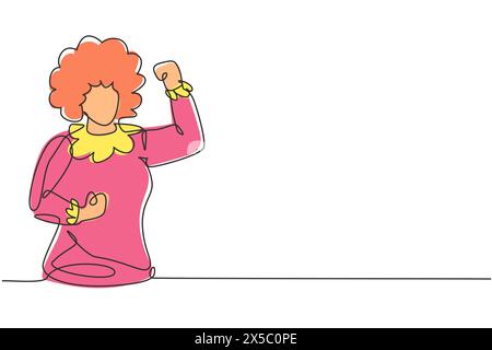 Single continuous line drawing female clown with celebrate gesture, wearing wig and smiling face makeup, entertaining kids at birthday party. Dynamic Stock Vector