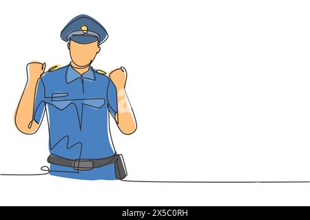 Continuous one line drawing policeman with celebrate gesture and full uniform is ready to enforce traffic discipline on highway. Standby on patrol. Si Stock Vector