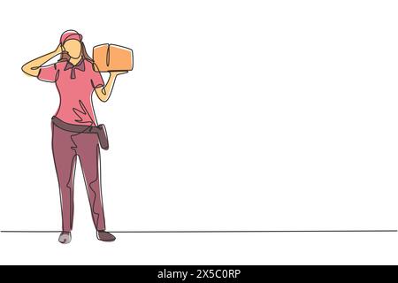 Single continuous line drawing deliverywoman stands with call me gesture carrying package box that customer order to be delivered safely. Dynamic one Stock Vector