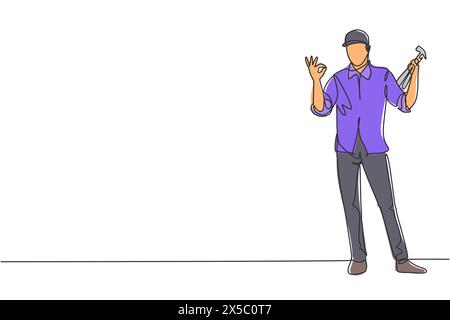 Single one line drawing of carpenter standing with gesture okay works for the wood industry and must be skilled at using carpentry tools. Modern conti Stock Vector