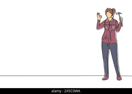 Single one line drawing female carpenter standing with gesture okay works for wood industry and must be skilled at using carpentry tools. Modern conti Stock Vector