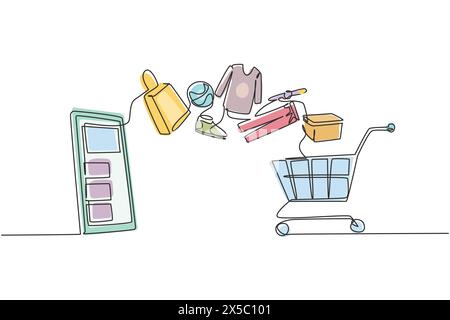 Continuous one line drawing smartphone and shopping cart with products purchased online. E-commerce and digital marketing. Order to cart concept. Sing Stock Vector