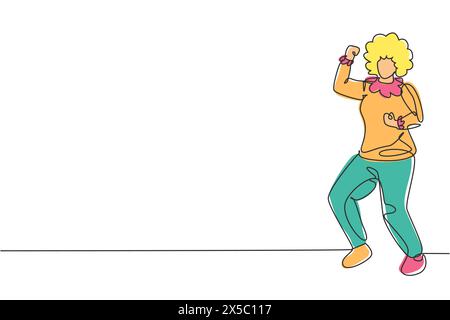 Single continuous line drawing female clown stands with celebrate gesture wearing wig and clown costume ready to entertain audience in circus arena. O Stock Vector