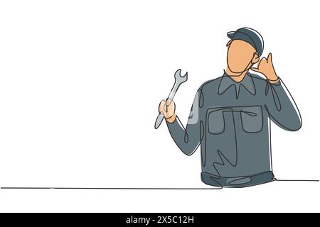 Continuous one line drawing mechanic with call me gesture and holding wrench works to fix broken car engine in garage. Success business concept. Singl Stock Vector