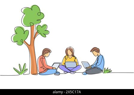 Single one line drawing three students studying with laptop and sitting at the park together. Back to school, online education concept. Modern continu Stock Vector