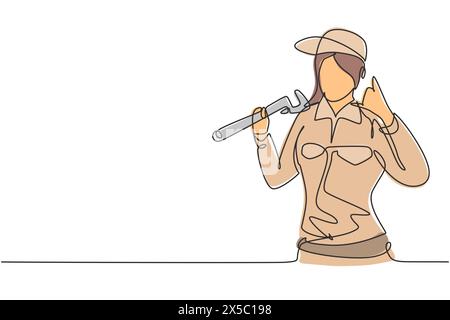 Single one line drawing female plumber with call me gesture ready to work on repairing the leaking drain in sink and house's drains. Modern continuous Stock Vector