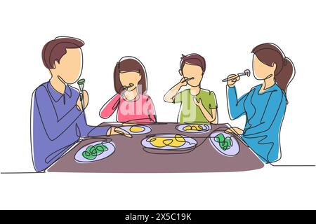 Single continuous line drawing family eating meal around kitchen table. Happy daddy, mom and two kids sitting eating healthy lunch in home. Dynamic on Stock Vector
