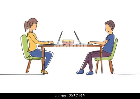 Single continuous line drawing boy and girl students studying with laptop and sitting on chairs around desk. Back to school, online education concept. Stock Vector