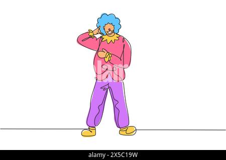 Single one line drawing clown stands with call me gesture wearing wig and clown costume ready to entertain audience in the circus arena. Modern contin Stock Vector