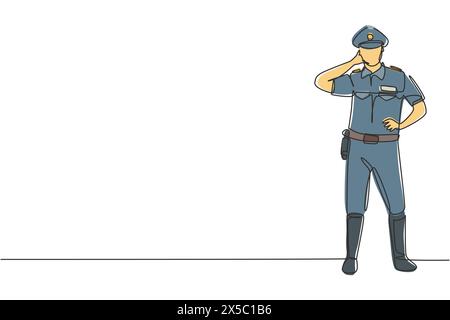 Continuous one line drawing policeman standing with call me gesture and full uniform works to control vehicle traffic on highway. Standby on patrol. S Stock Vector