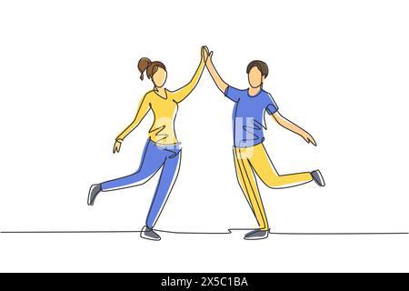 Single one line drawing man and woman performing dance at school, studio, party. Male and female characters dancing tango at Milonga. Modern continuou Stock Vector