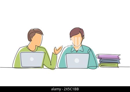 Single one line drawing two young man studying with laptop and pile of books. Back to school, smart students, online education concept. Modern continu Stock Vector