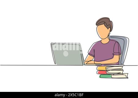 Single one line drawing young man studying with laptop and pile of books. Back to school, intelligent student, online education concept. Modern contin Stock Vector