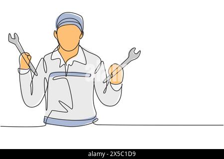 Single one line drawing mechanic with celebrate gesture and holding wrench works to fix broken car engine in garage. Success business. Modern continuo Stock Vector