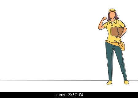 Continuous one line drawing deliverywoman stands with celebrate gesture carrying package box that customer order to be delivered. Professional job. Si Stock Vector