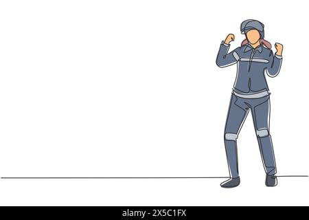 Single continuous line drawing female firefighter stood with celebrate gesture, wearing helmet and uniform work to extinguish fire at building. Dynami Stock Vector