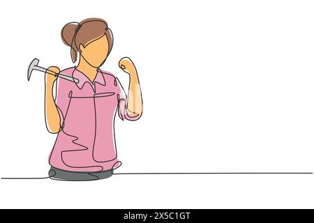 Single continuous line drawing female carpenter with celebrate gesture works in workshop making wooden products. Skills in using carpentry tools. One Stock Vector