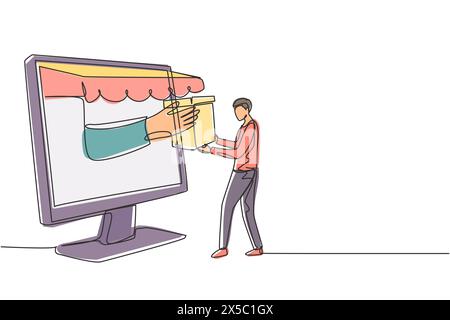 Single continuous line drawing young man receives package box from large canopy monitor screen and hands it over. Digital delivery concept. Dynamic on Stock Vector