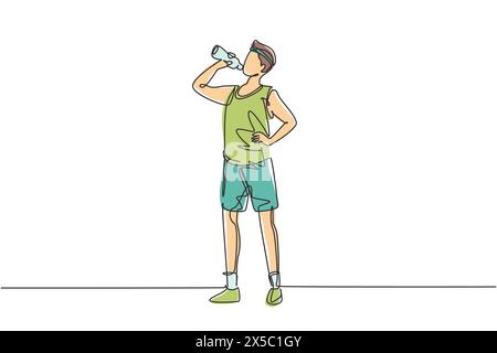 Single continuous line drawing young man standing and drinking fresh water from a bottle with his right hand after exercising. Healthy lifestyles. One Stock Vector