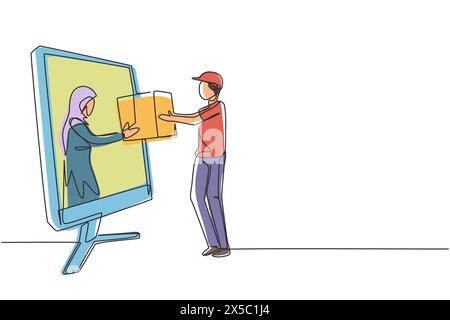 Single one line drawing of Arabian female customer receives boxed package, through monitor screen from courier. Online delivery service. Modern contin Stock Vector