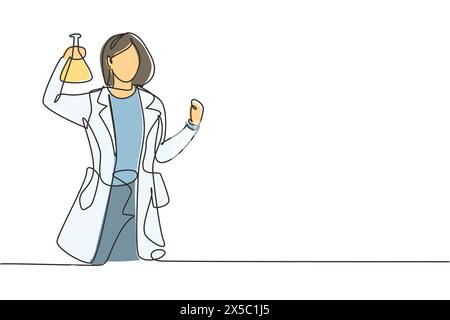 Single one line drawing female scientist with celebrate gesture and holding measuring tube to examining chemical solution to make vaccine. Continuous Stock Vector