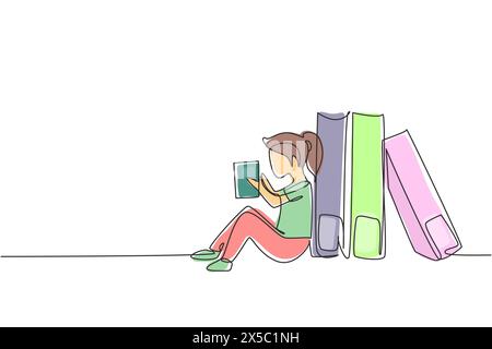 Single one line drawing little girl reading, learning and backrest on big books. Study at home. Smart student, education concept, fair. Modern continu Stock Vector