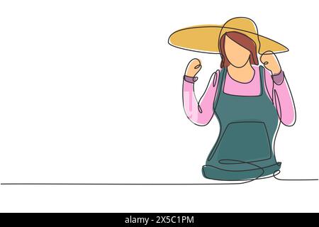 Continuous one line drawing female farmer with celebrate gesture wearing straw hat and farm uniform to work on the farm. Success business concept. Sin Stock Vector