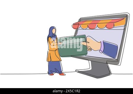 Single continuous line drawing Arab woman inserting credit card into large canopy monitor screen and accepted by hand. Digital payment concept. Dynami Stock Vector