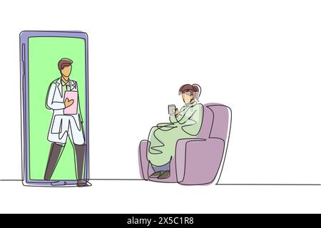 Single continuous line drawing female patient sitting curled up on sofa, using blanket, holding mug and there is male doctor walking out of smartphone Stock Vector