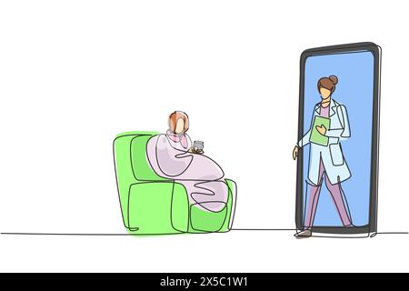 Continuous one line drawing female patient sitting curled up on sofa, using blanket, holding mug and there is female doctor walking out of smartphone, Stock Vector