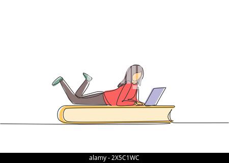 Single one line drawing young female with laptop laying down on big book. Freelance, distance learning, online courses, studying concept. Modern conti Stock Vector