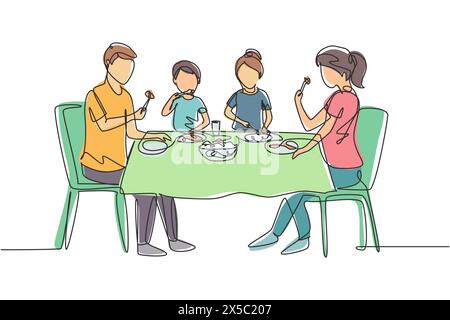 Continuous one line drawing diner parents and children together. Family having meal around kitchen table. Happy daddy, mom and kids sitting eating. Si Stock Vector