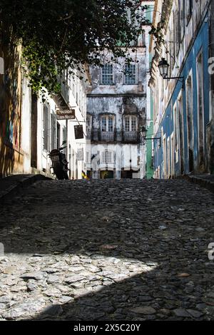 Salvador, Bahia, Brazil - July 27, 2019: View of a street with old houses in Pelourinho in the city of Salvador, Bahia. Stock Photo